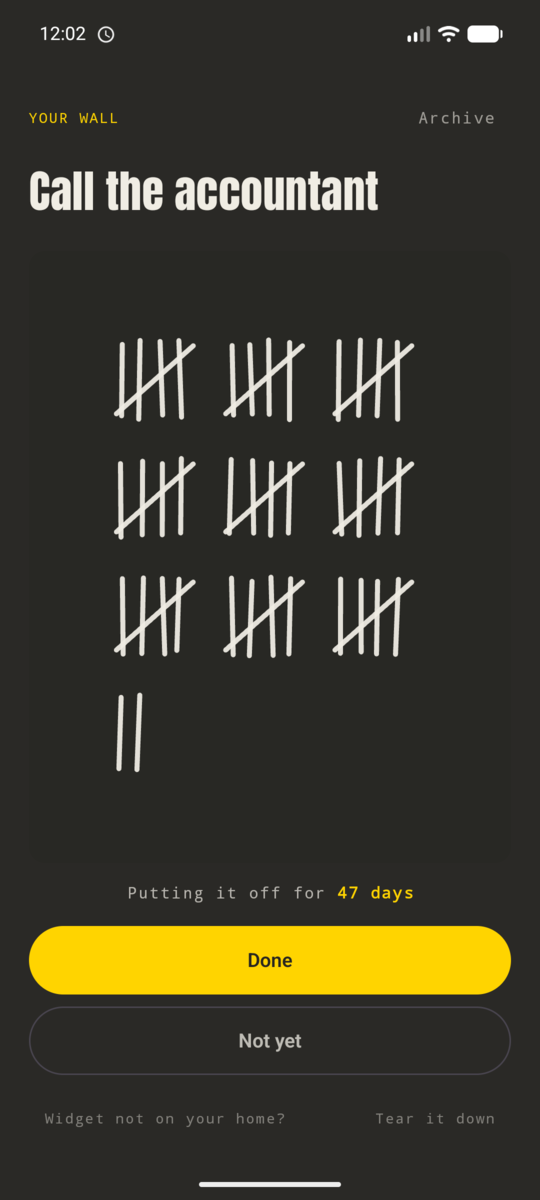 The wall screen: Call the accountant, 47 marks, Done / Not yet